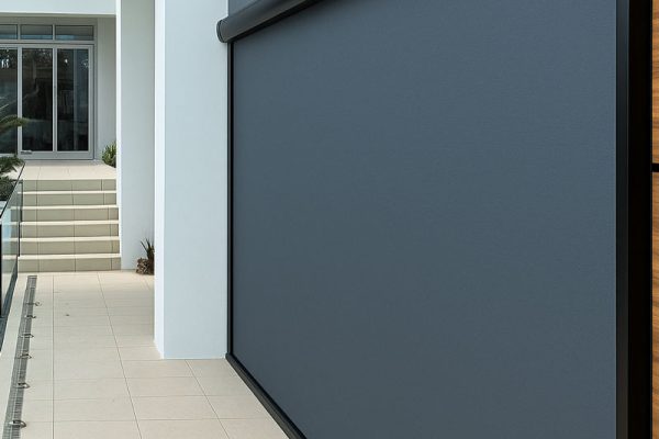 Modern patio with motorized screen fully lowered for shade and privacy.